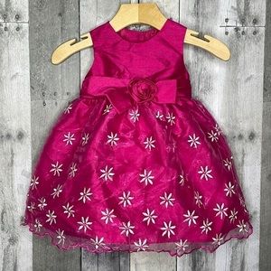 PINK baby‎ girl dress with rosette and bow waistband. Floral overlay. Size 12mo